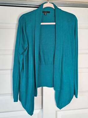 Fever Open Front Cardigan Sweater Teal Turquoise Cotton Rayon Knit Womens Medium